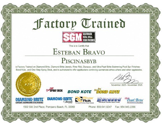 Certificado Factory Trained de SGM a nombre de Esteban Bravo, Piscinas B&B