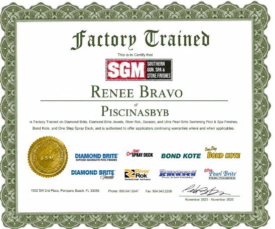 Certificado Factory Trained de SGM a nombre de Renee Bravo, Piscinas B&B