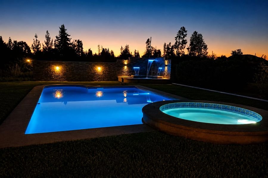 Piscina con spa e iluminación nocturna